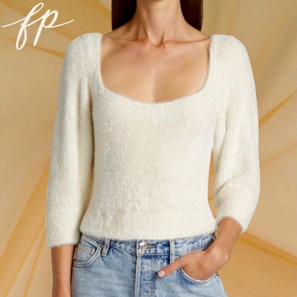 FREE PEOPLE NWT Moonbeam Fuzzy 3/4 Puff Sleeve Cropped Scoop Neck Sweater/Lg - Picture 11 of 16